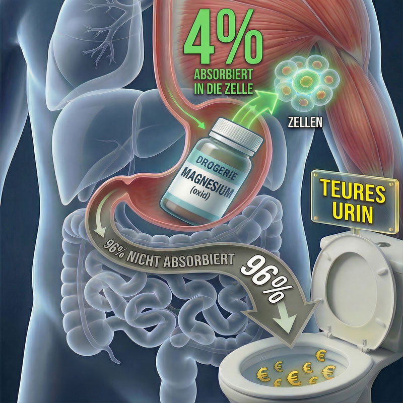 Infografik: 96% von Drogerie-Magnesium wird nicht absorbiert - teures Urin